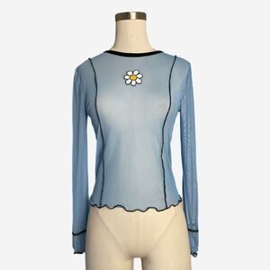 Delia*s Light blue sheer mesh long sleeve top daisy embroidered patch Y2K S